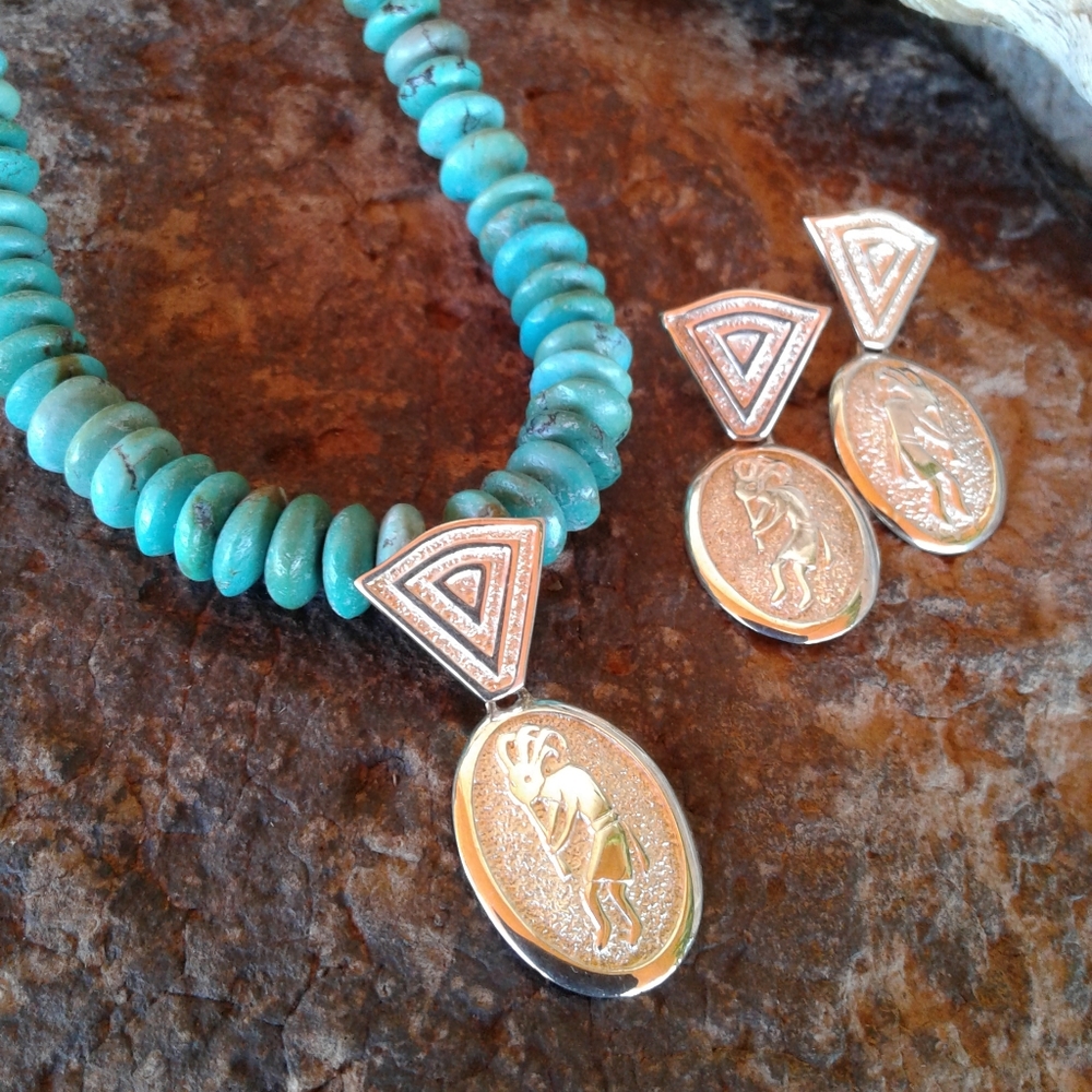 Sterling Silver Genuine TURQUOISE Kokopelli necklace SET